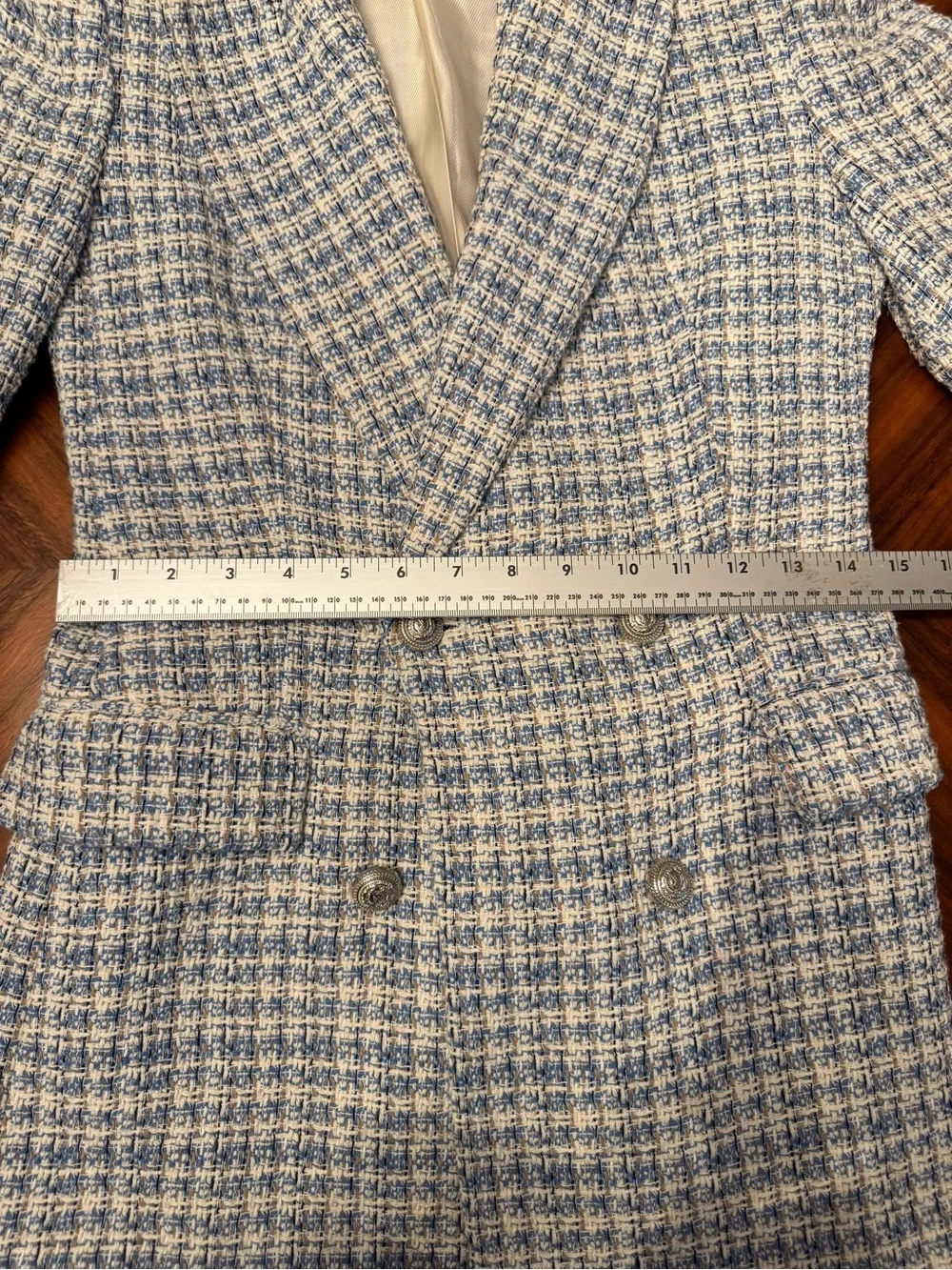 Zara Blue White Tweed Double Breasted Blazer Bouclé Jacket Size S